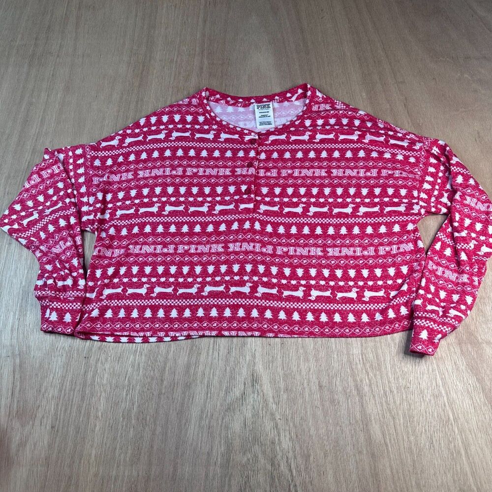Victoria's Secret PINK Sleepwear Pajama Set Fair Isle Print Red White Sz S